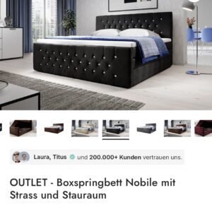 200x200 Boxspringbett Nobile mit Strass und Stauraum